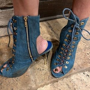 Denim Open toed laced up high heel stilettos size 7 1/2